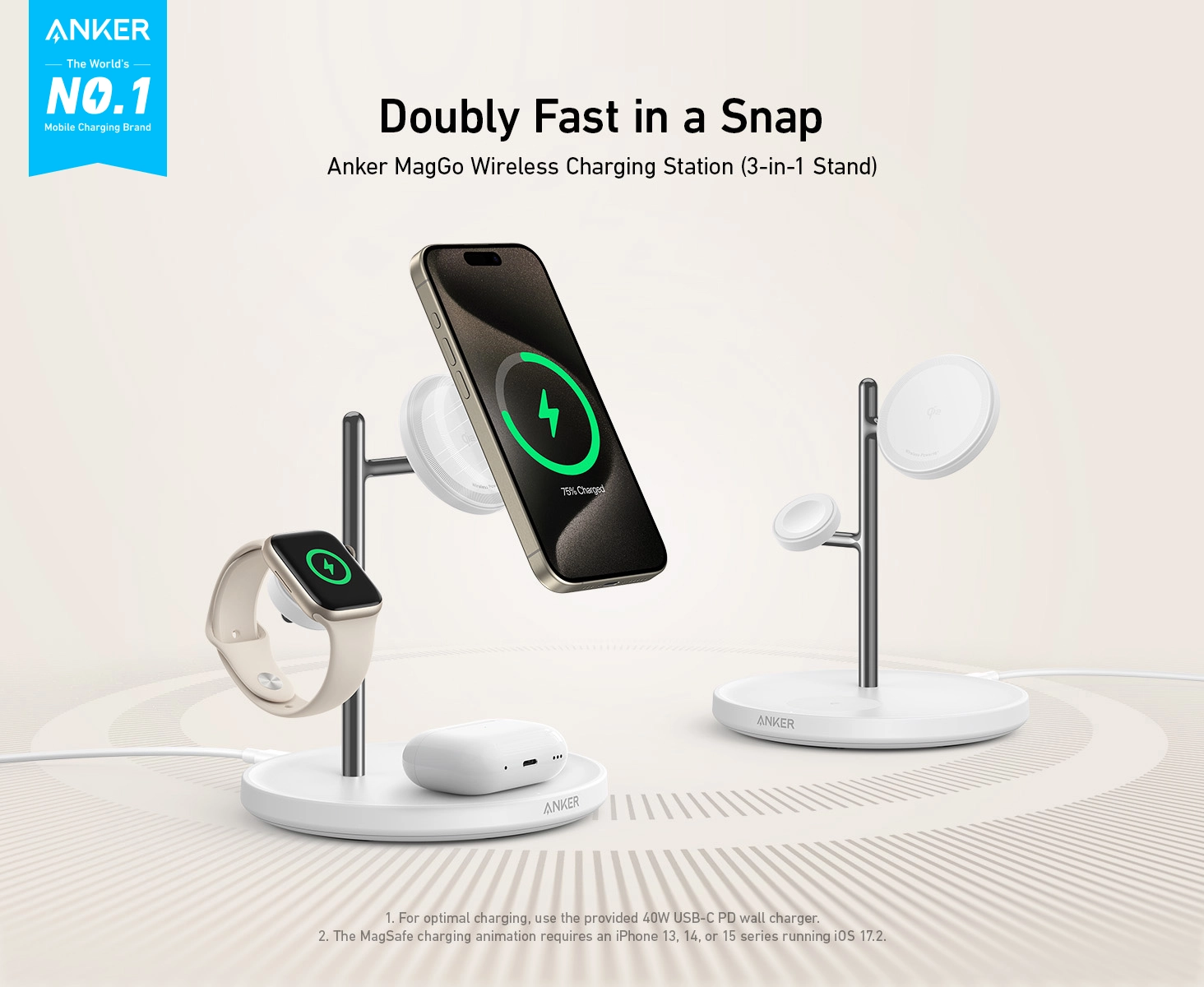 شارژر وایرلس 15 وات مگ سیف 3 در 1 انکر Anker MagGo Wireless Charging Station 3-in-1 Stand B25M3311 1 Anker MagGo Wireless Charging Station 3 in 1 Stand