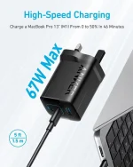 شارژر دیواری 67 وات انکر Anker Powerport 336 67W USB C Gan Charger A2674K11 UK + مبدل پریز هدیه - Image 4